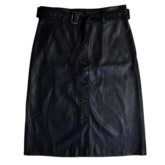 Ann Taylor Dresses & Skirts - Ann Taylor Black Faux Leather Button Front Midi Skirt Belted Waist 10Petite Chic